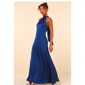 Lulus Regal Loveliness Blue Satin Pleated Mock Neck Maxi Dress - Size XS